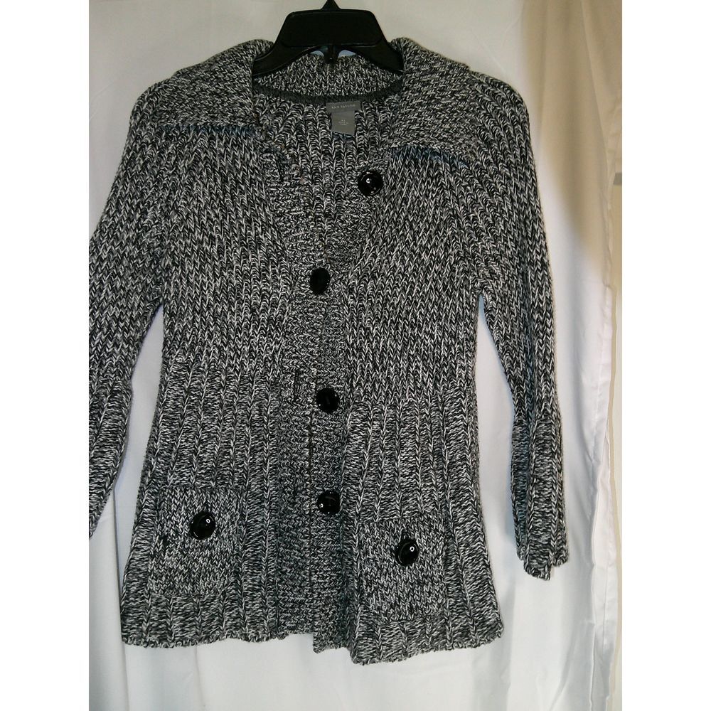 Ann Taylor Marled Knit Button-Front Cardigan Sweater Black Gray‎ and White XS